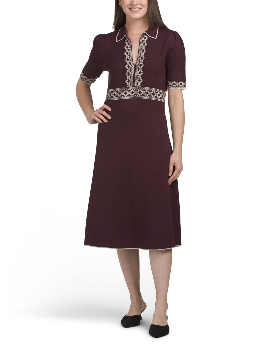 NWT - Max Studio Polo Collar Border Print A-Line Midi Sweater Dress - Size L